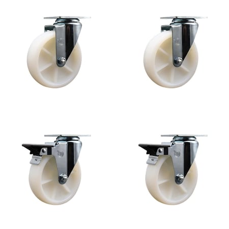 Service Caster 5'' Nylon Wheel Swivel Top Plate Caster Set with 2 Posi Brakes, 4PK SCC-20S514-NYS-2-PLB-2